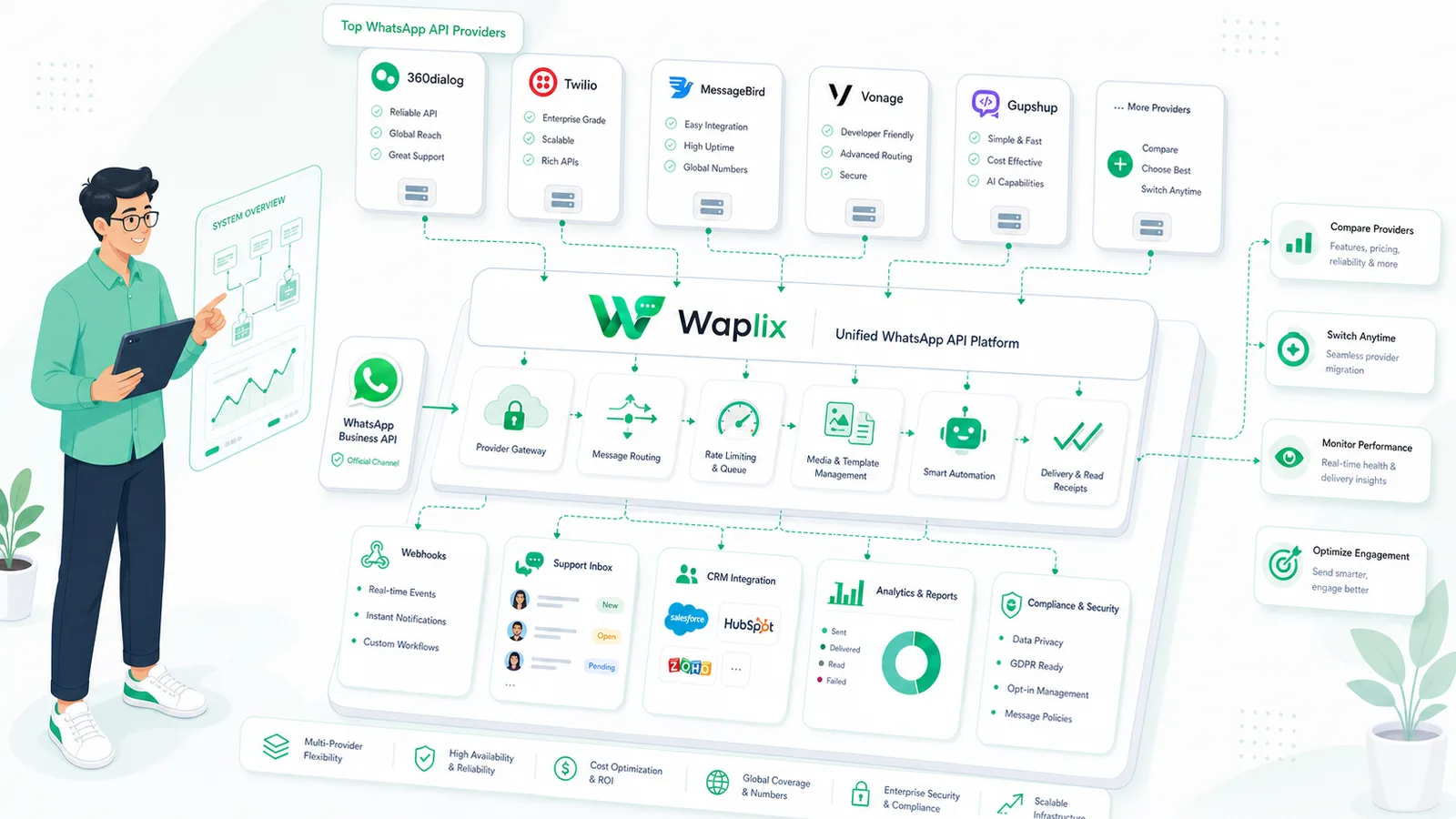 Architecture diagram showing business apps, API platform, webhooks, CRM, campaigns, AI support, and WhatsApp messaging flow