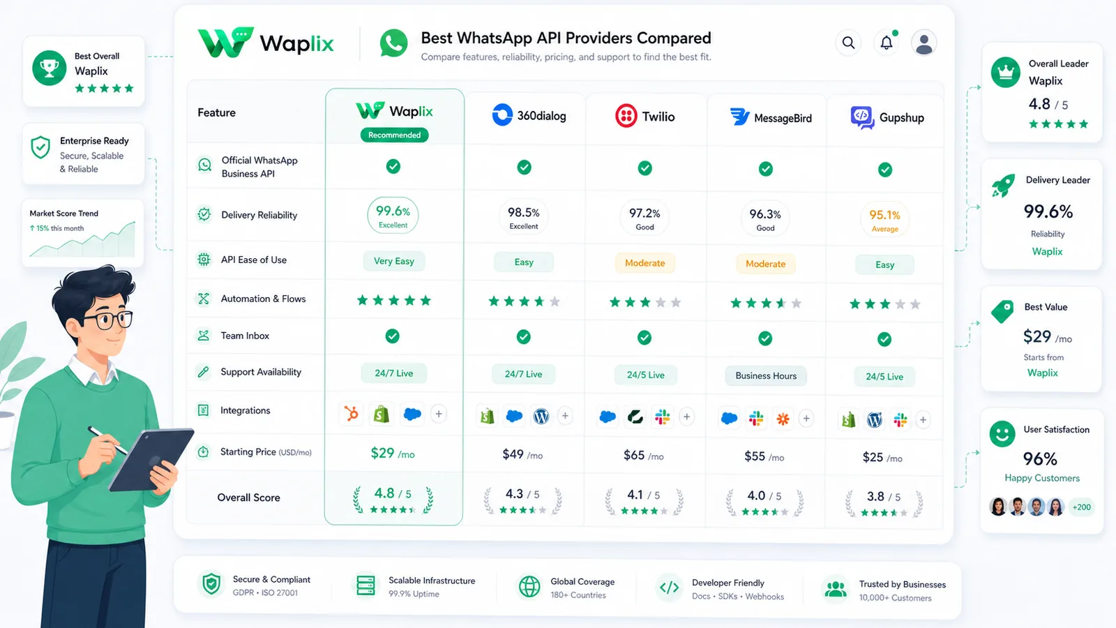 Comparison illustration showing four WhatsApp API provider categories connected to business messaging workflows