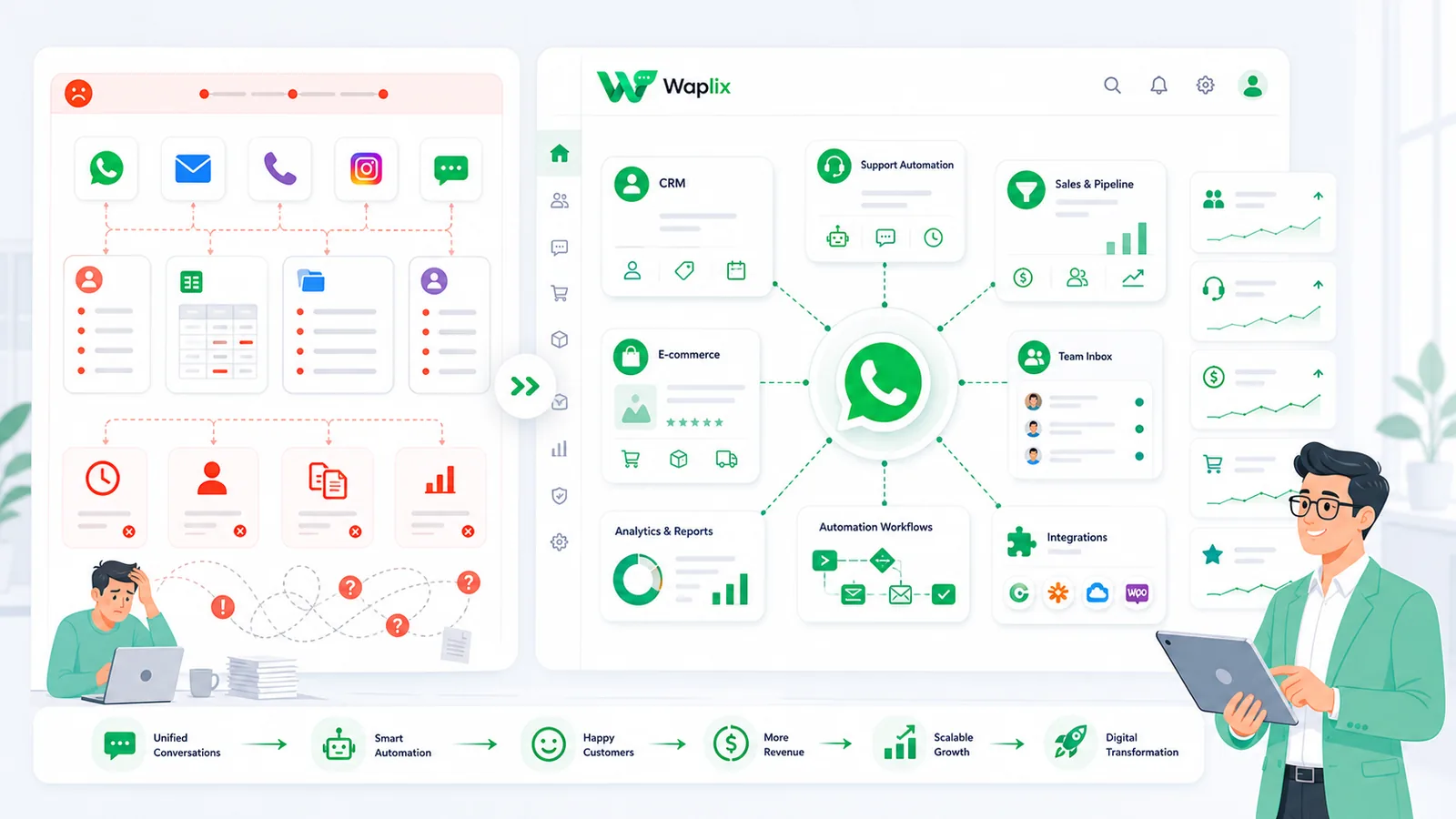 Side-by-side comparison illustration showing legacy fragmented systems versus modern WhatsApp-integrated digital workflows