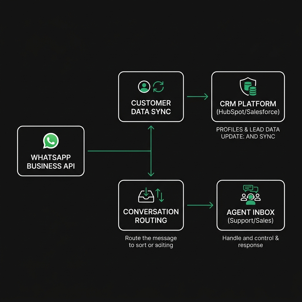 Integration flow diagram showing WhatsApp API connected to CRM sync, intent detection, order lookup, and team inbox routing