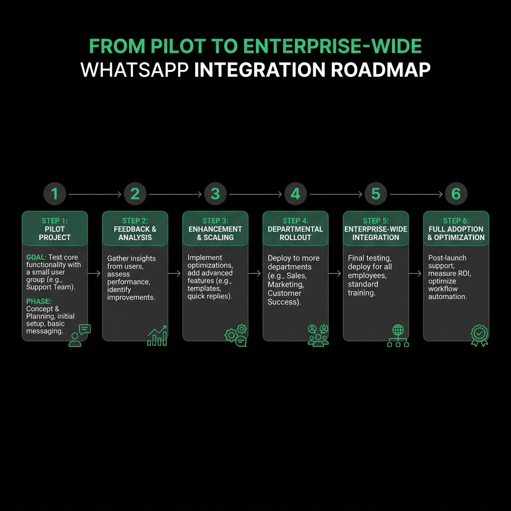 Phased roadmap diagram showing digital transformation progression from pilot to enterprise-wide WhatsApp integration