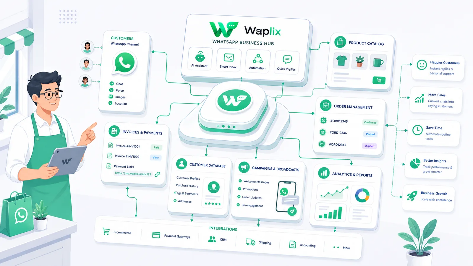 Architecture diagram showing small business website, booking system, and payment gateway connecting to Waplix API and WhatsApp Business API
