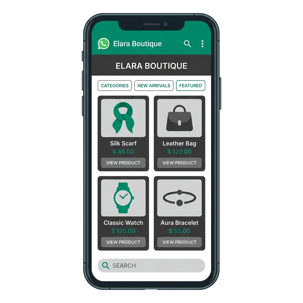 WhatsApp product catalog interface showing organized product listings with images, prices, and add-to-cart buttons for small business