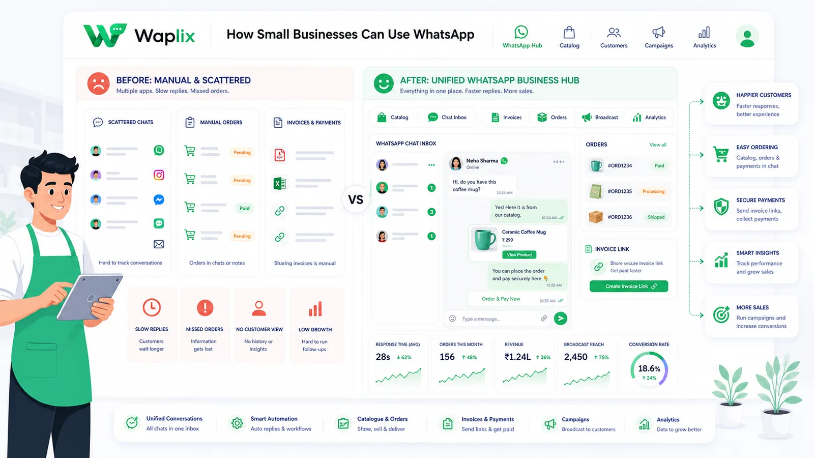 Visual comparison chart showing the feature differences between WhatsApp Business App and WhatsApp Business API for small businesses