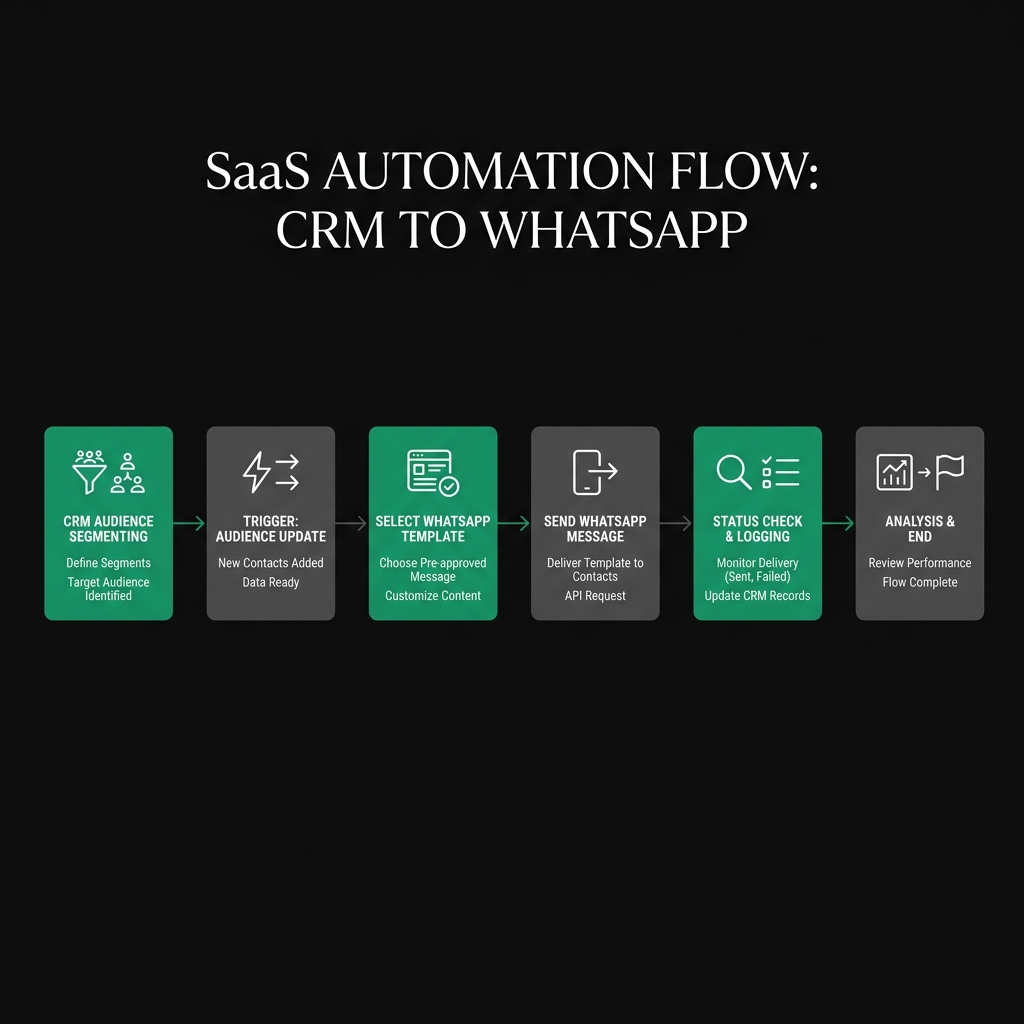 Automation flow diagram showing CRM audience, template send, webhook delivery status, and support handover for bulk WhatsApp campaigns