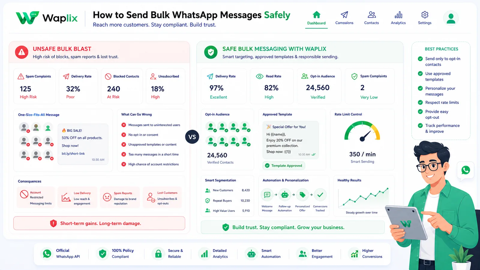 Illustration comparing unsafe spam-style bulk WhatsApp messaging with safe permission-based campaign workflow
