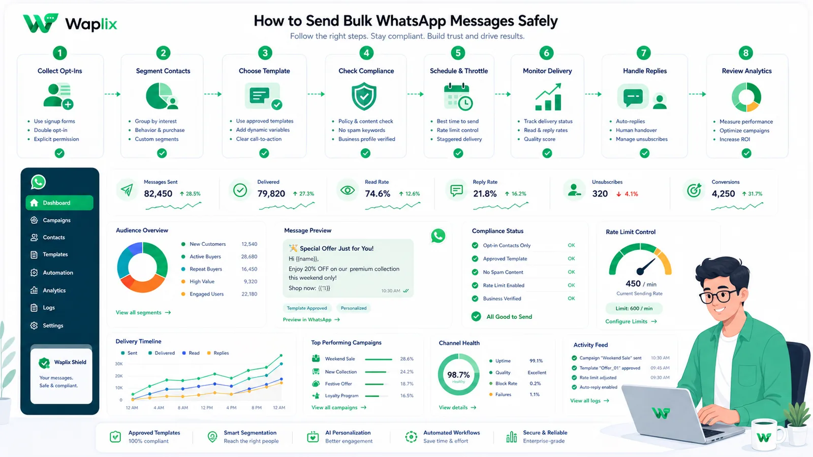Workflow diagram showing opt-in collection, audience segmentation, template approval, send queue, and opt-out handling for bulk WhatsApp campaigns